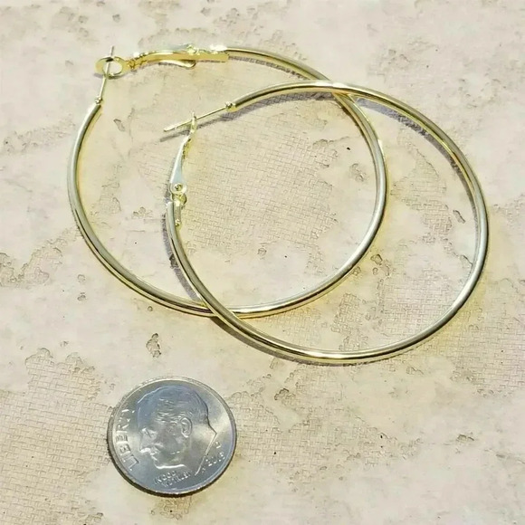Sleek Gold Tone Large Hoop Earrings 50mm 2" Leverback Dangle Minimalist Classic - Picture 6 of 6
